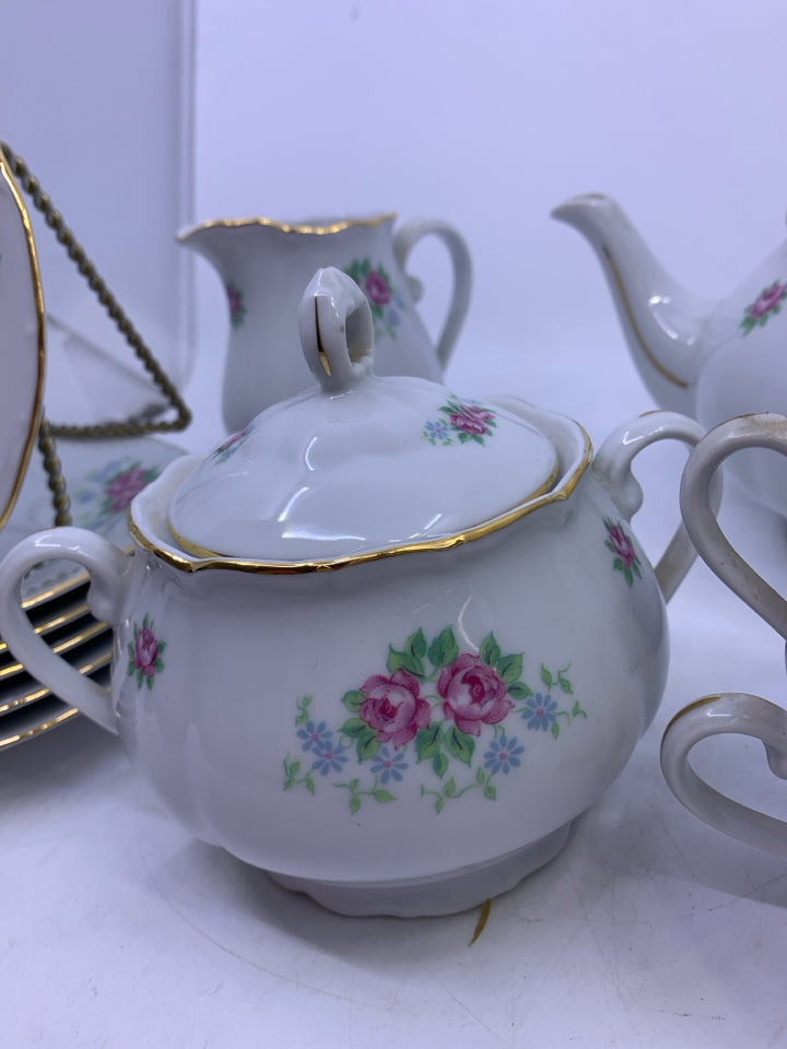 15 PC TEA SET WHITE WITH PINK FLORAL ROSE GOLD ACCENT.