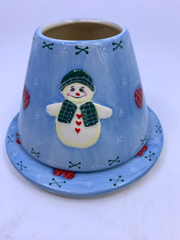 2PC BLUE SNOWMAN CANDLE PLATE AND SHADE.
