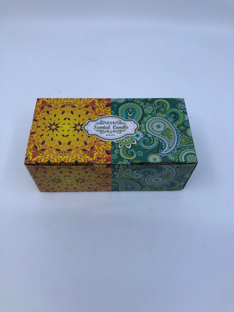 2 NIB SCENTED TIN CANDLES.