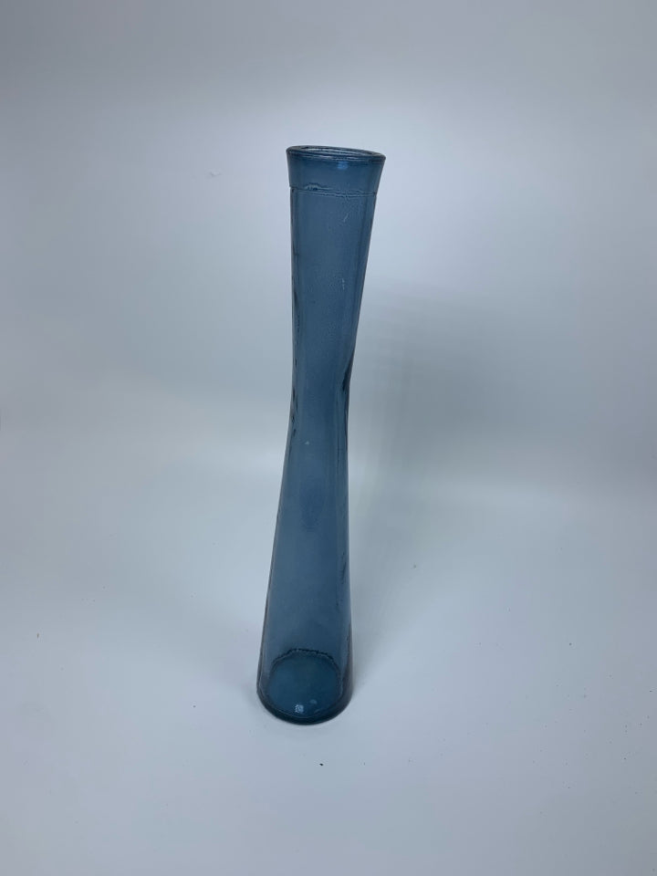 BLUE TINTED GLASS CYLINDER VASE W/ PINCH MIDDLE.