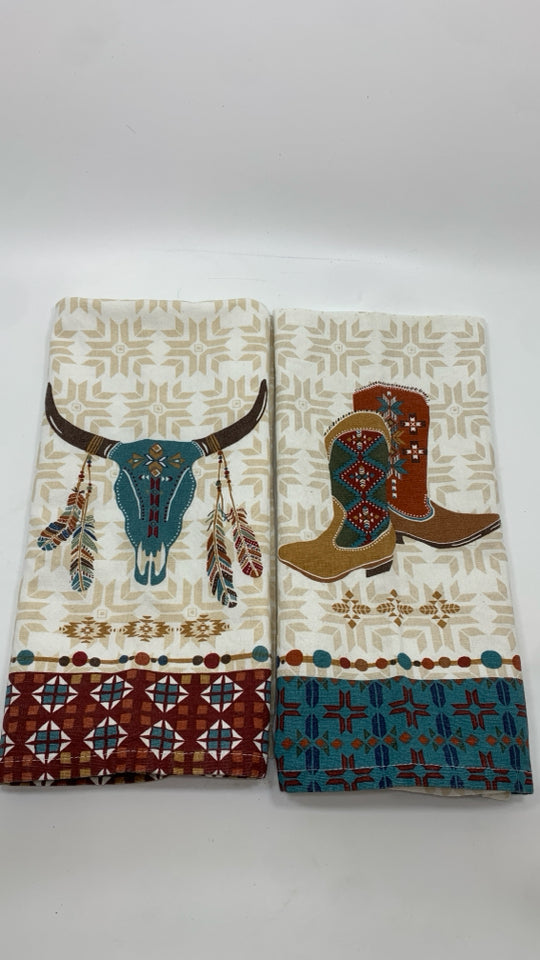 2 KITCHEN TOWELS W/BOOTS+NATIVE DESIGN.