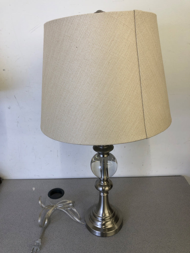 SILVER/GLASS BALL TABLE LAMP W/ BEIGE SHADE.
