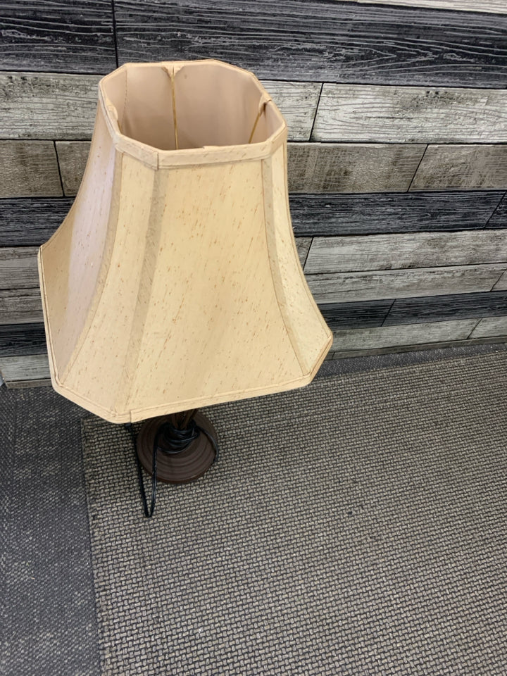 BROWN METAL LAMP W/ TAN SHADE.