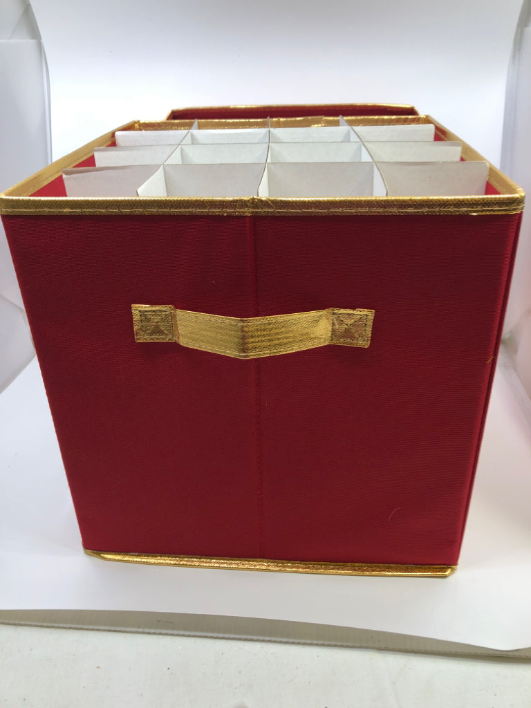 RED STORAGE BOX W GOLD TRIM, LID, AND HANDLES.