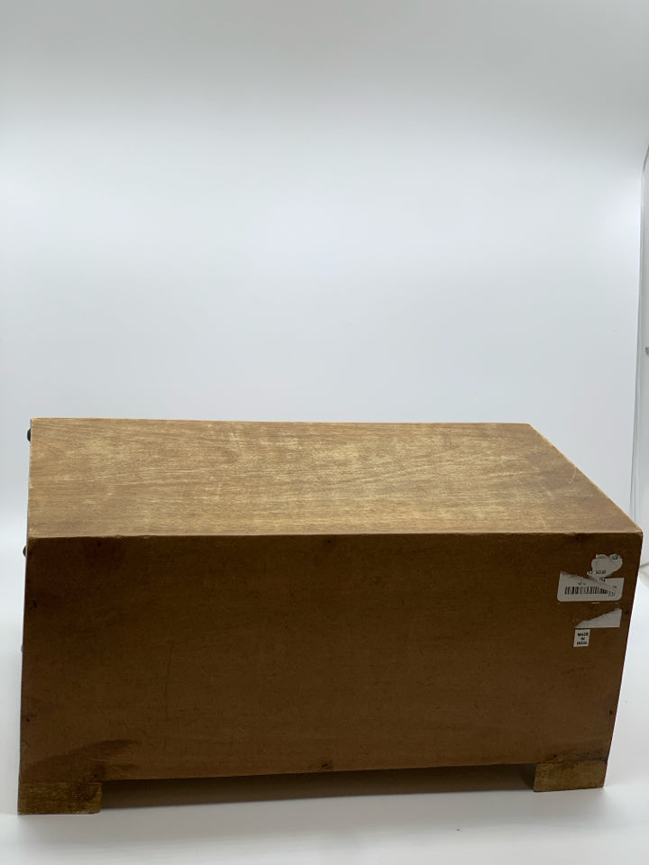 RUSTIC 3 DRAWER STORAGE BOX W/METAL HANDLES.
