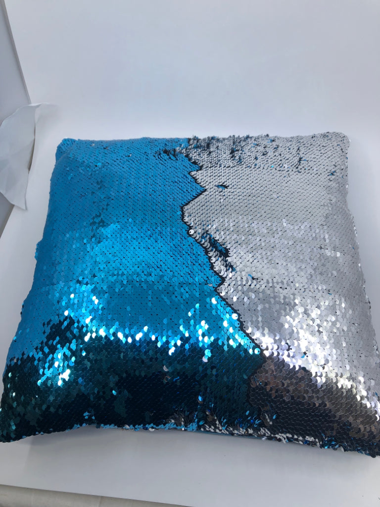 SILVER AND TEAL SEQUINS PILLOW.