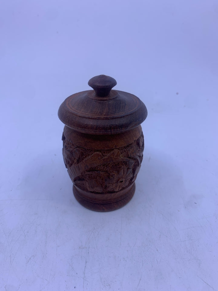 WOOD CARVED MINI CANISTER.