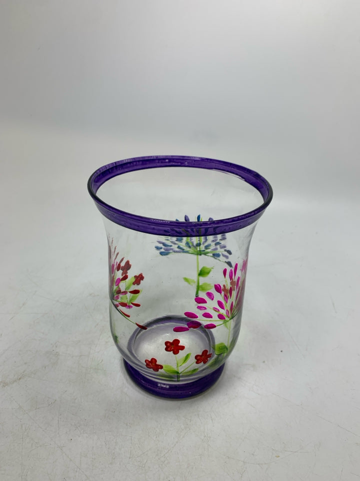 PAINTED FLOWERS W/ PURPLE RIM CANDLE HOLDER.