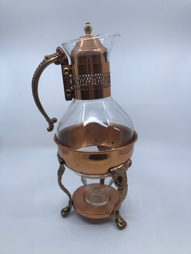 COPPER AND GLASS COFFEE CARAFE + WARMER.