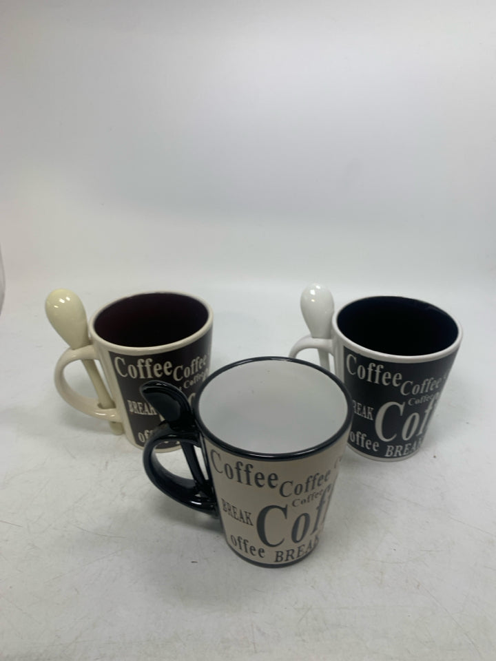3 ASSORTED COFFEE BREAK MUGS W/ SPOONS.