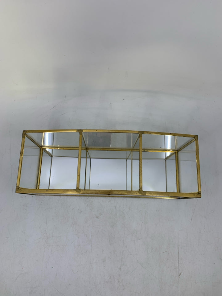 DIVIDED GLASS GOLD METAL ORGANIZER W/ PRESSED FLOWERS.