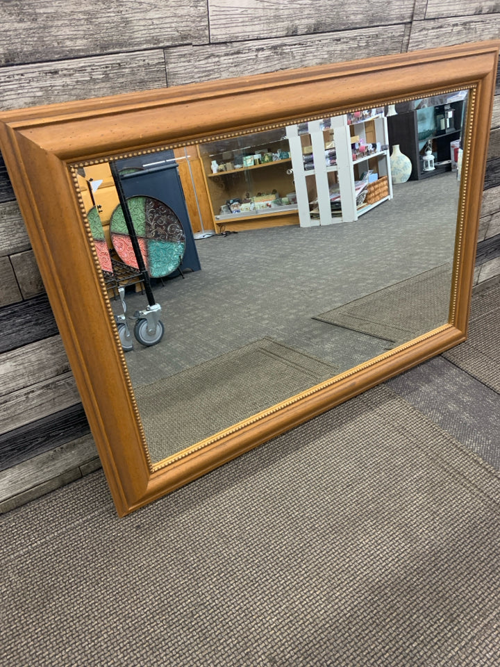 WOOD LARGE HEAVY MIRROR W/ GOLD BEADED INNER EDGE.