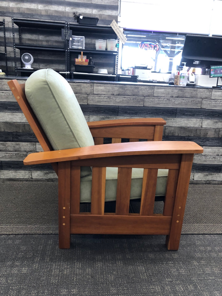 OAK WOOD W/ GREEN CUSHION POUCH CHAIR W/ OTTOMAN.