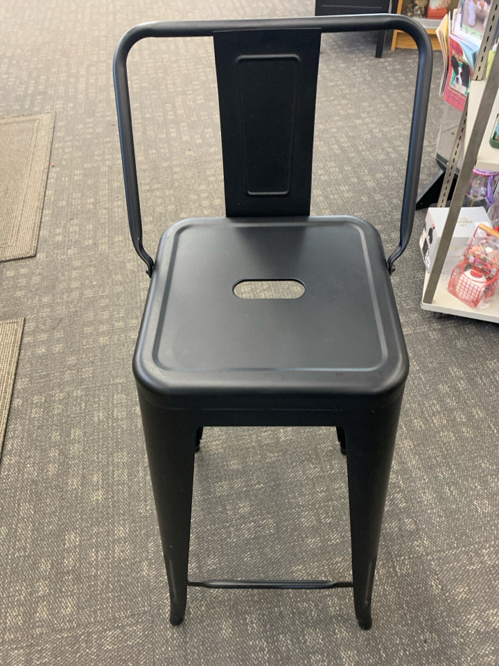 2 BLACK METAL LOW BACK STOOLS.