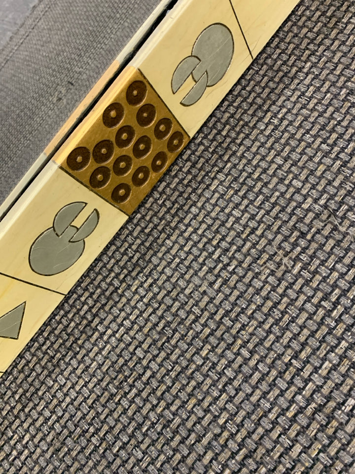 HEAVY WALL MIRROR W/SILVER SHAPES FRAME.