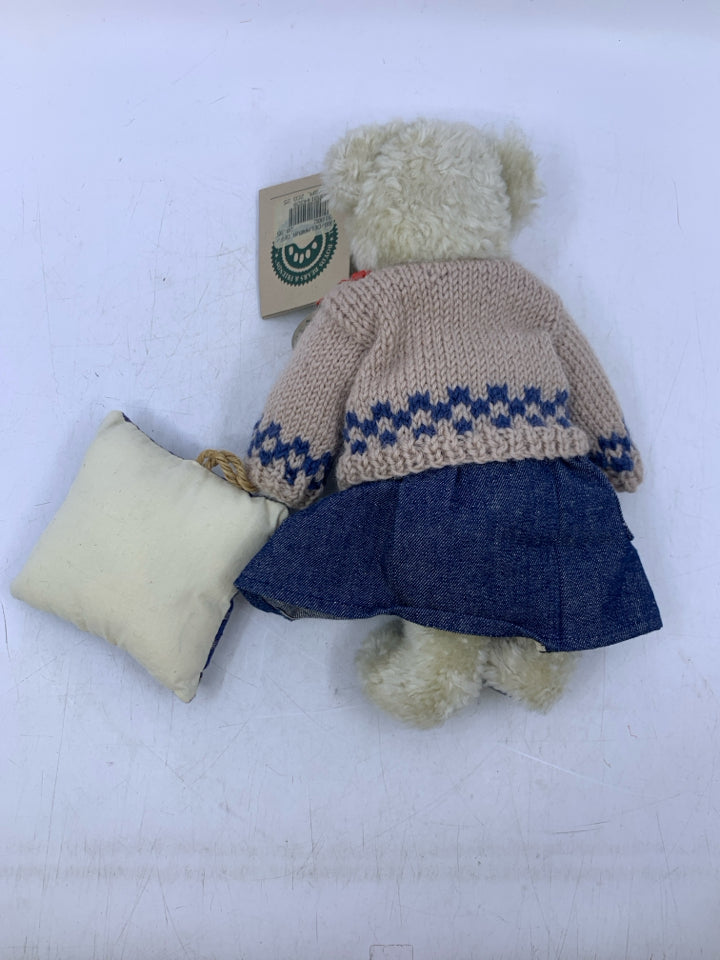 WHITE SHAG BEAR W/ PRIMITIVE STYLE SWEATER DENIM DRESS.