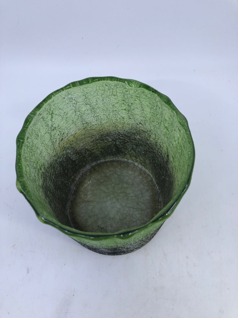 SHIMMER GREEN GLASS CANDLE HOLDER.