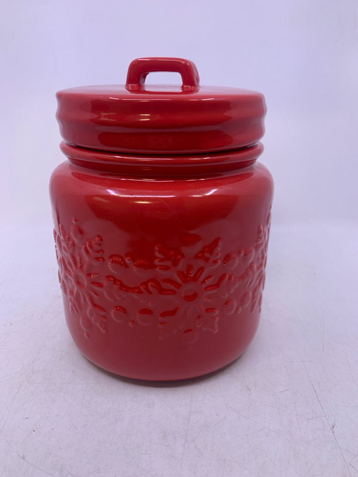 RED CANISTER W/ EMBOSSED SNOWFLAKES CRATE & BARREL.