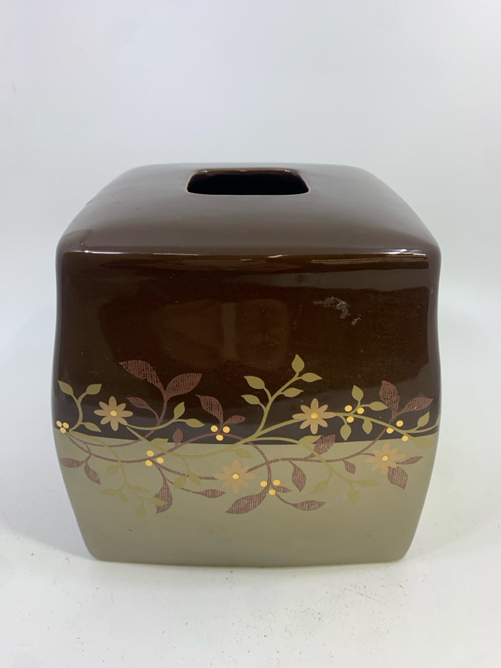BROWN GOLD CERAMIC TISSUE COVER W/FLOWERS.
