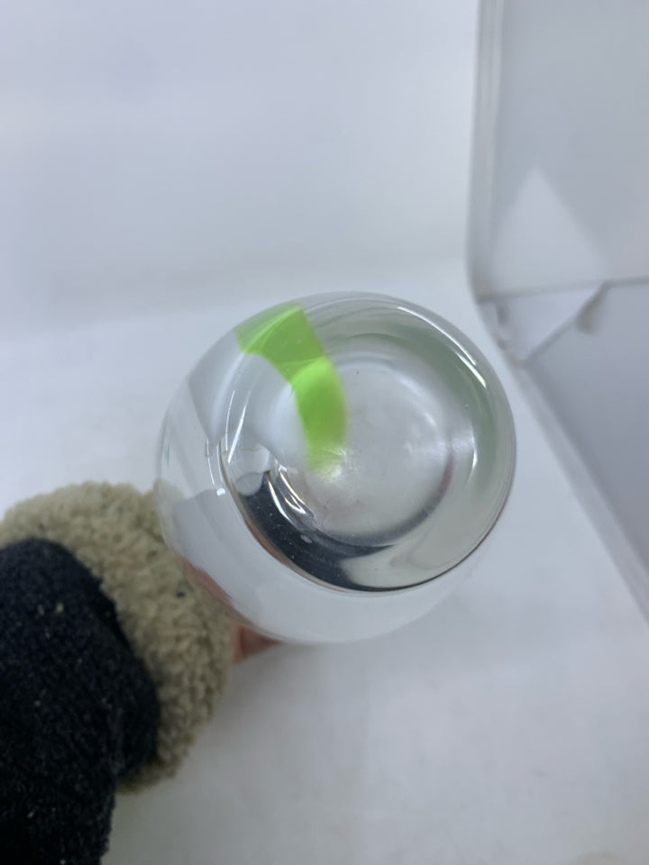 CLEAR HEAVY BOTTOM VASE W/ GREEN & WHITE STRIPE.