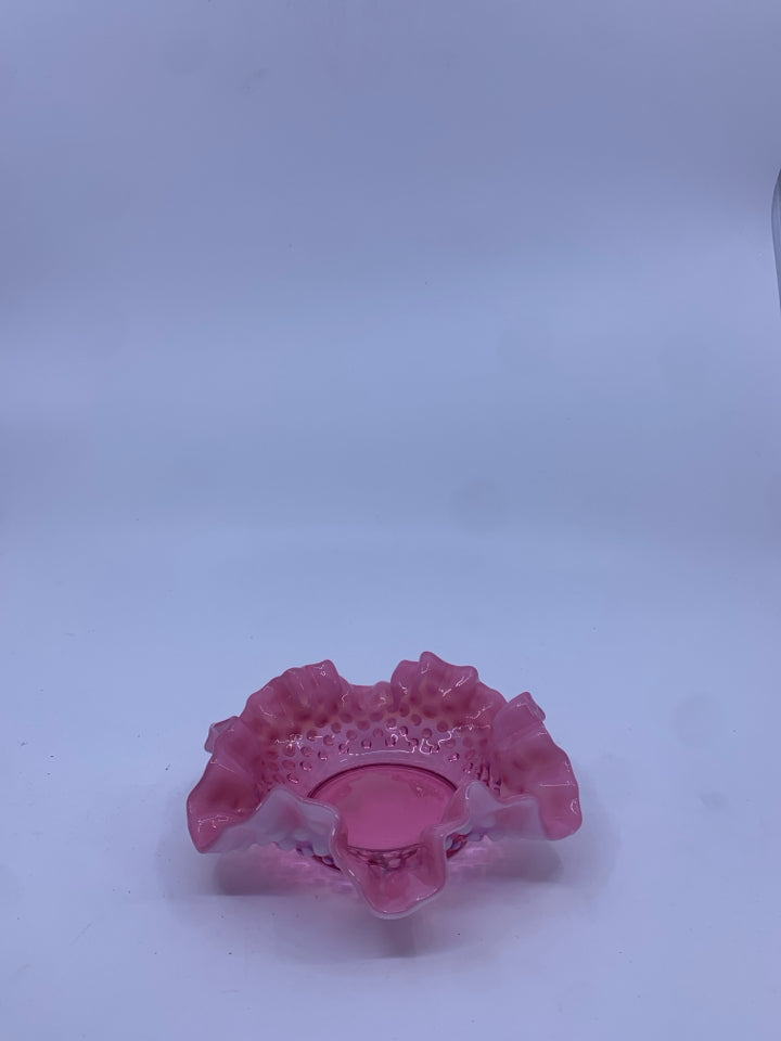 VTG PINK HOBNAIL GLASS W/ RUFFLED EDGE CANDLE PLATE.