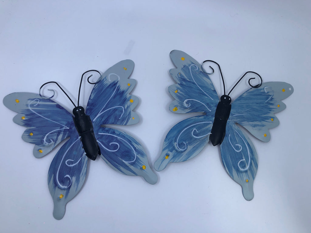 2 BLUE METAL HANGING BUTTERFLIES.
