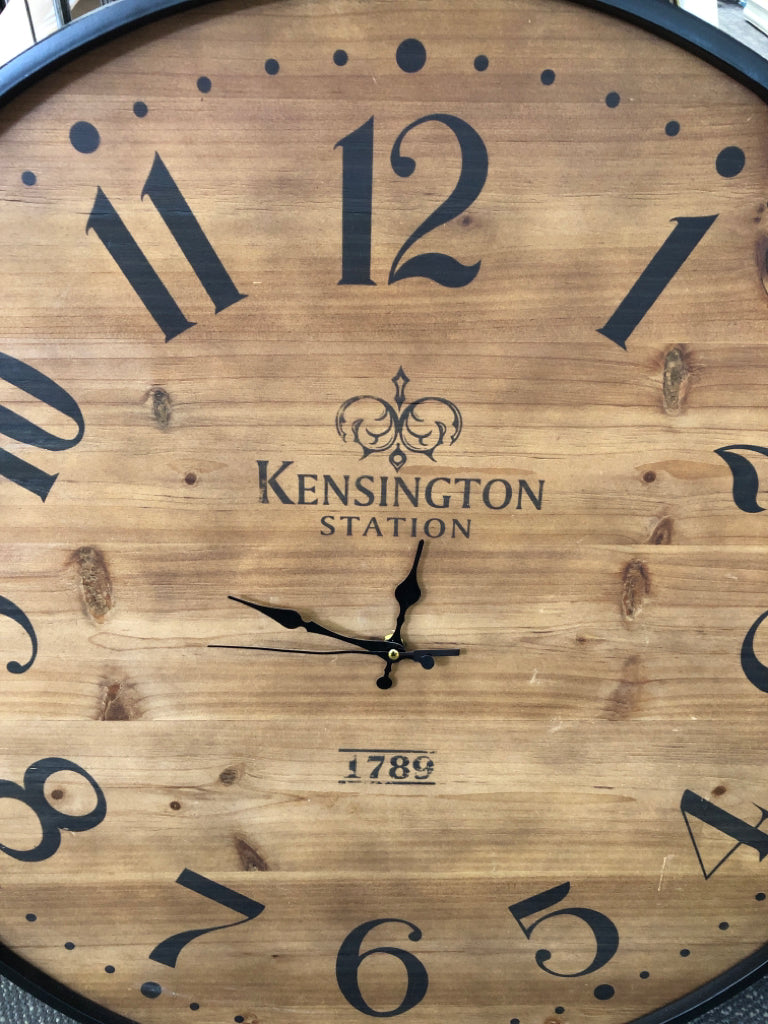 RUSTIC WOODEN CLOCK W/BLACK RIM.