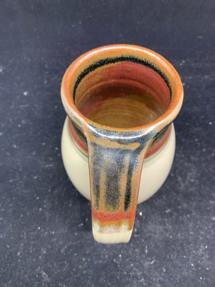 LARGE POTTERY MUG W/ BROWN+ MAROON TOP+BOTTOM.