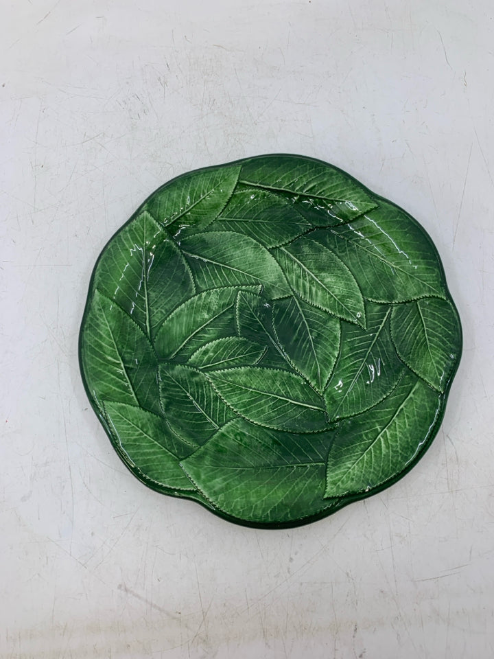 GREEN PLATER W/ EMBOSSED LEAVES.