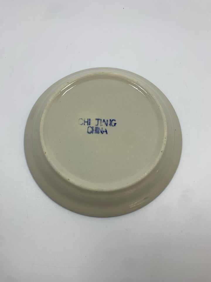SVC FOR 7 VTG BLUE FLORAL DOUBLE HANDED STONEWARE SOUP BOWL W/SAUCER.