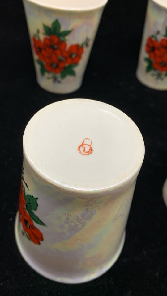 5 VTG RED POPPY PAINTED CERAMIC CUPS.