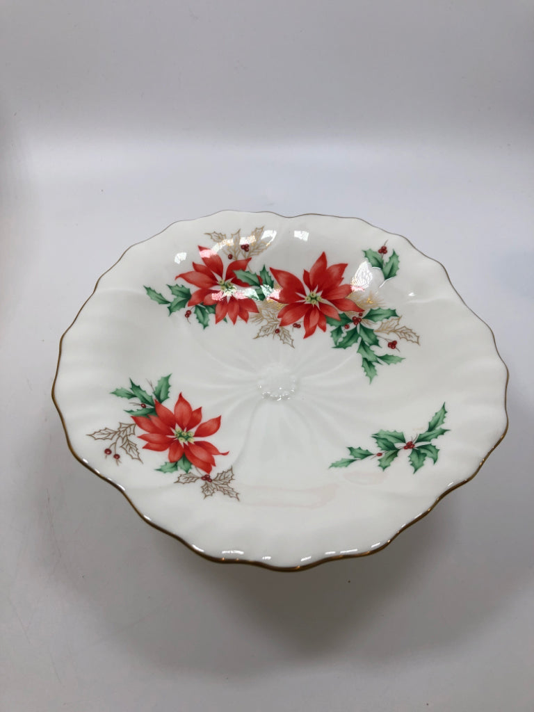 MIKASA POINSETTIA PEDESTAL CANDY DISH IN BOX.