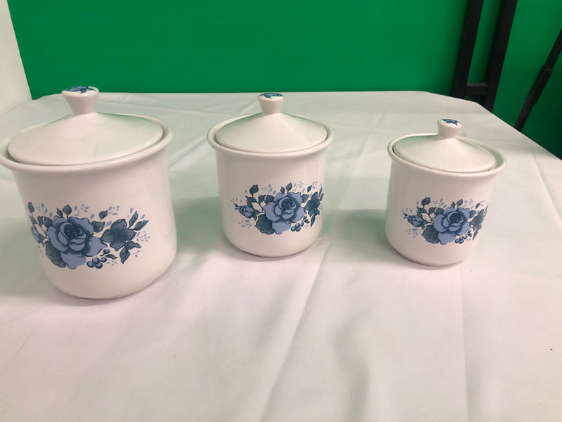 3PC BLUE ROSE CANISTER SET.