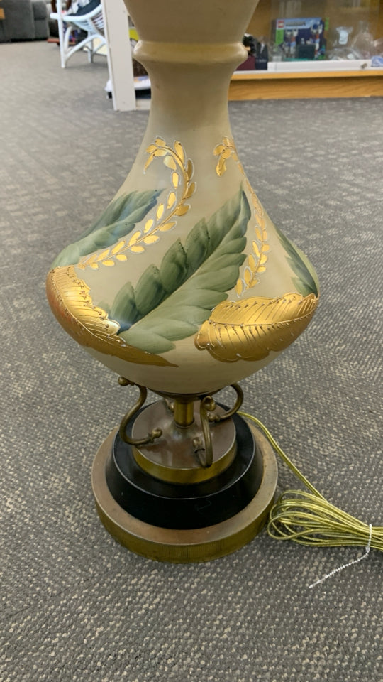 GOLD LEAF PAINTED BRONZE BASE LAMP W/RIBBED SHADE.