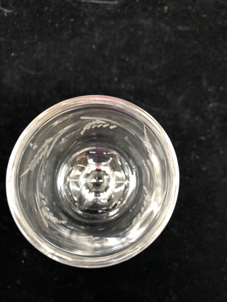 6 WHEAT ETCHED CORDIAL GLASSES.