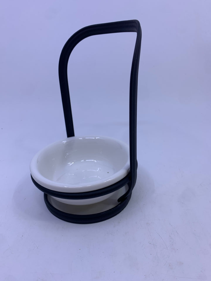 2 PC BLACK METAL WHITE BOWL SPOON REST.