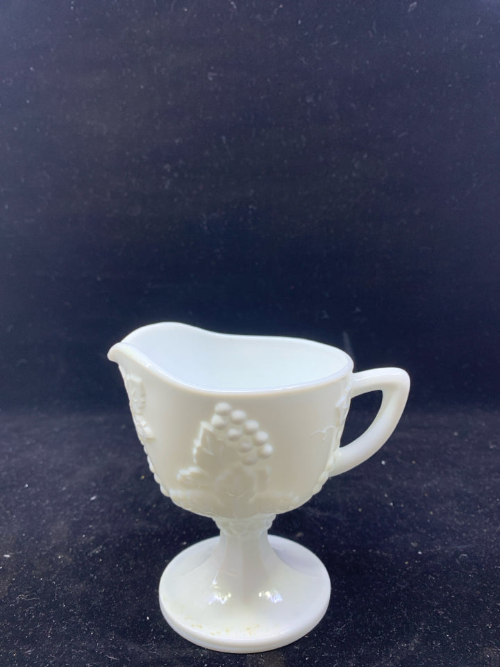 VTG MILK GLASS FOOTED EMBOSSED CREAM/GRAVY SERVER.