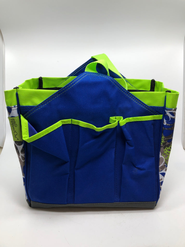 PAMPERED CHEF BLUE FLORAL GARDEN TOOL SET TOTE.