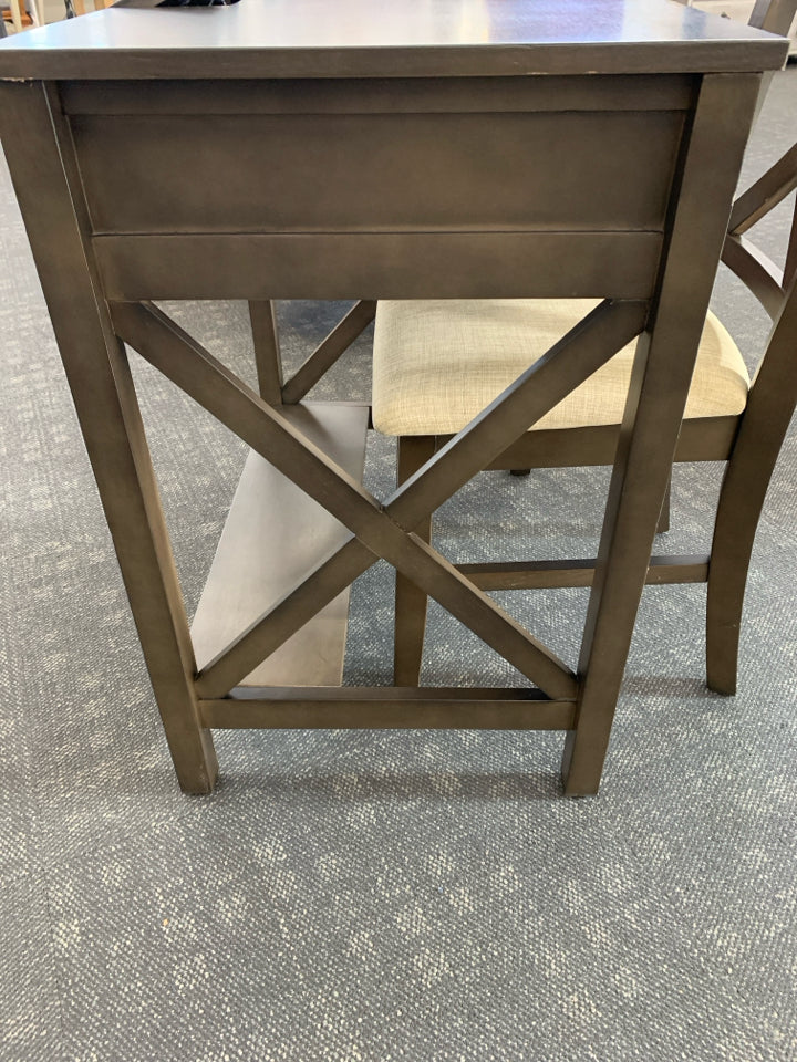 DK WOOD WRITING DESK AND CHAIR W/OUTLETS LAP DRAWER.