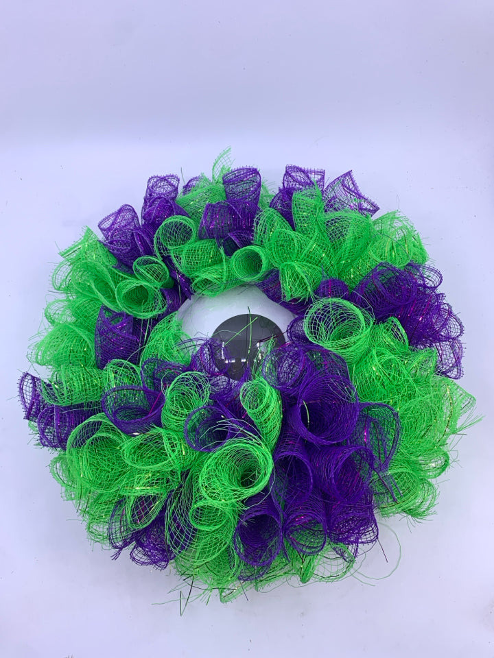 PURPLE AND GREEN TULLE EYEBALL WREATH.