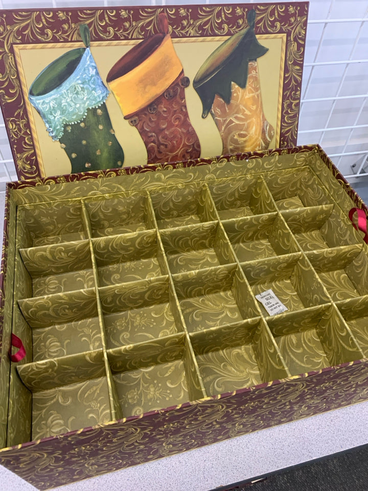 STOCKING PRINT CARDBOARD ORNAMENT STORAGE BOX.