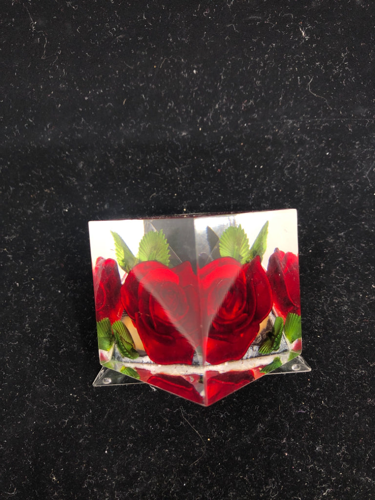 RED ROSE IN PLASTIC CUBE.