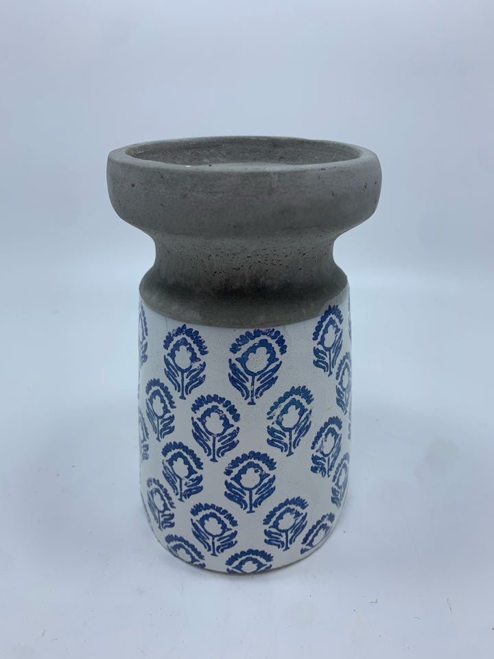 BLUE FLOWER GREY CEMENT PILLAR CANDLE HOLDER.