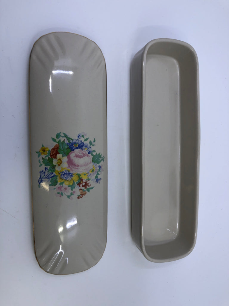 OVAL VTG FLORAL DISH W LID AND GOLD ACCENTS.