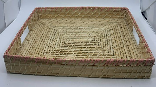 BLONDE WICKER BASKET TRAY W RED WRAP.