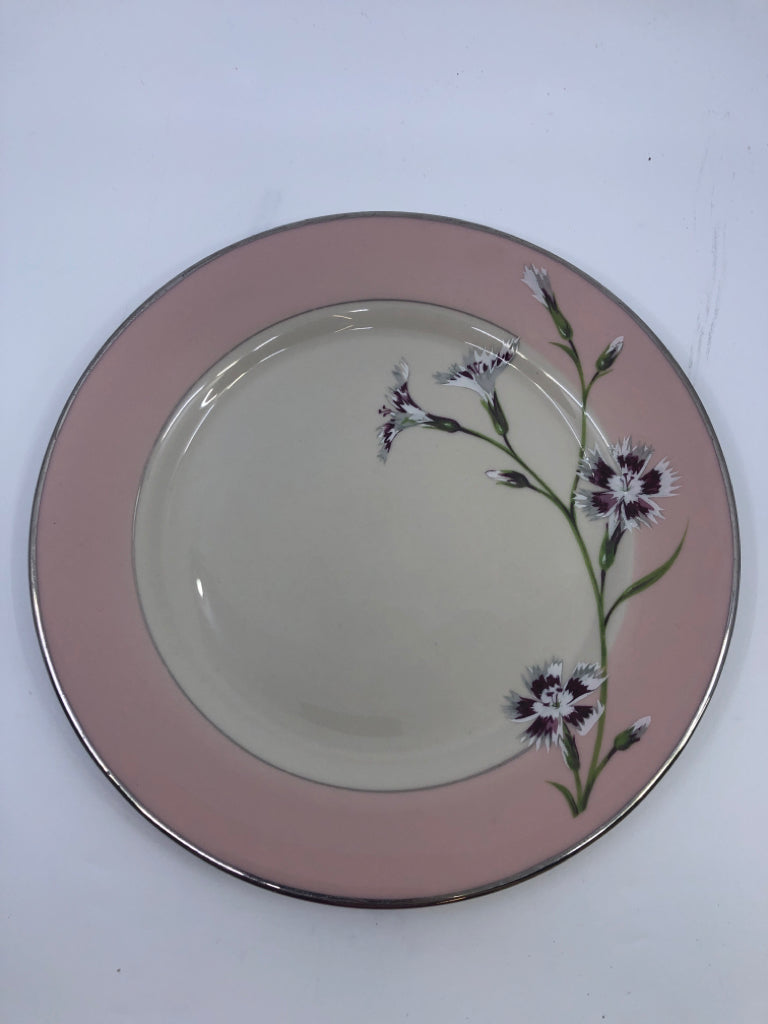 PINK BEIGE PLATE SILVER EDGE RED/WHITE FLOWER.