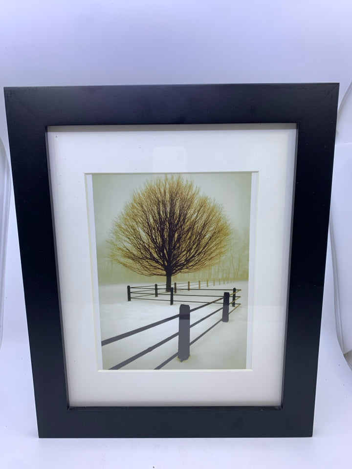 BARE TREE W FENCE IN BLACK FRAME WALL ART.