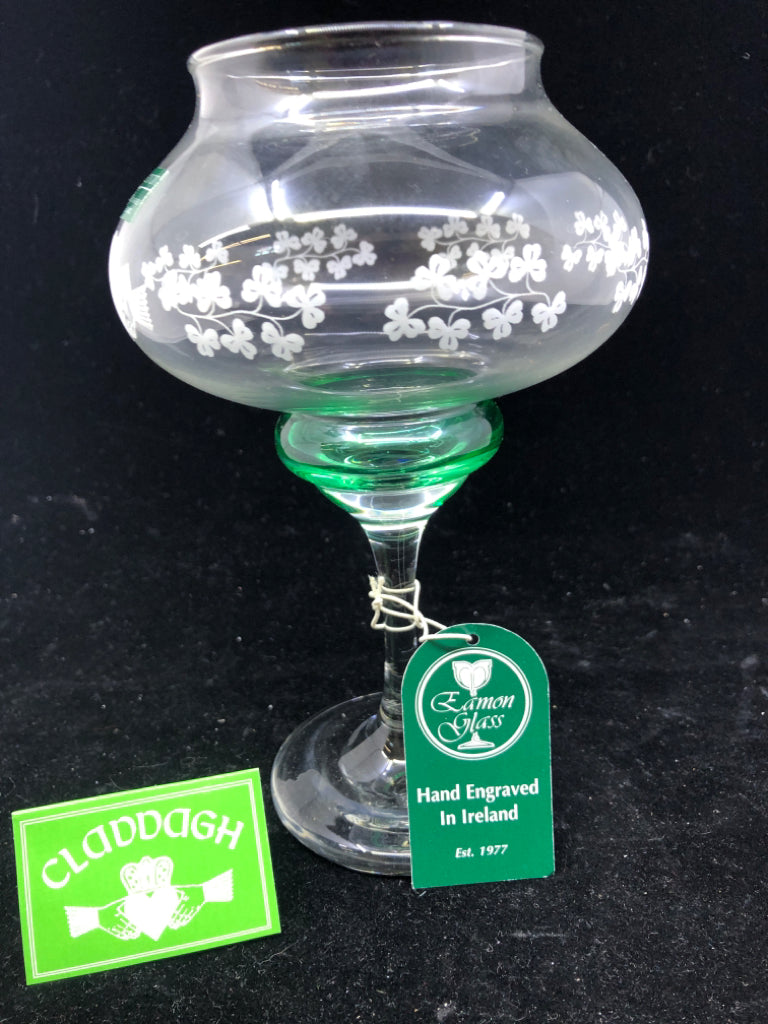 NIB GREEN CRYSTAL CLADDAGH VOTIVE HOLDER.