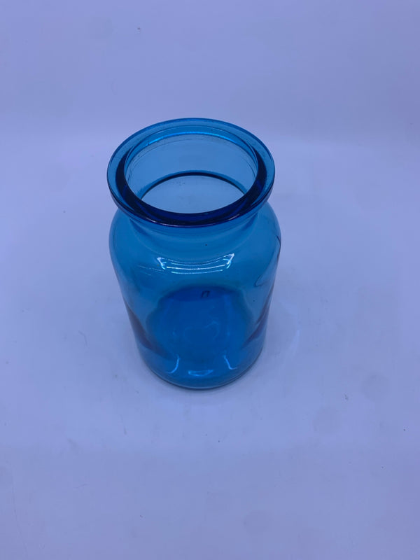 BLUE GLASS JAR W/ THICK NECK.