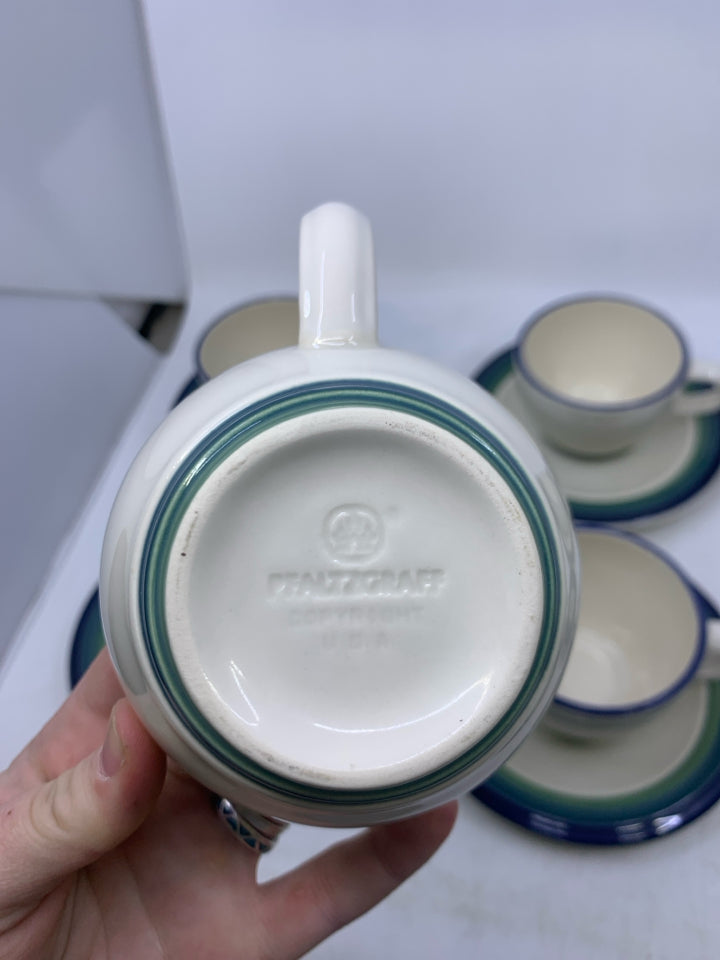 12 PC SVC 6 BLUE,GREEN RIM TEACUPS.